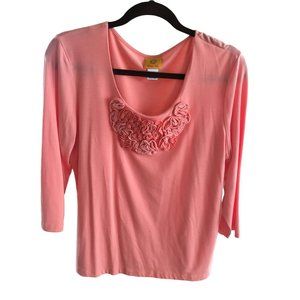 Ruby Rd Shirt Top Blouse Flower Texture Salmon Large 3/4 Sleeves Casual Comfort